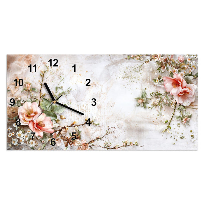 Wanduhr Warme Blumenarrangement aus Glas – Querformat 60 × 30 cm mit Ziffernblatt Modern