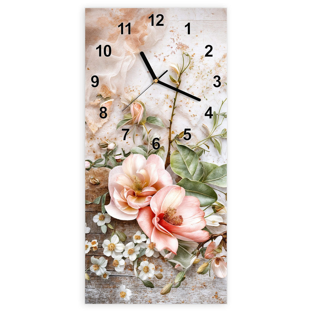Wanduhr aus Glas, Ziffernblatt Modern: Zwei apricotfarbene Magnolienblüten mit Knospenzweig und weißen Blüten auf verwittertem Holz