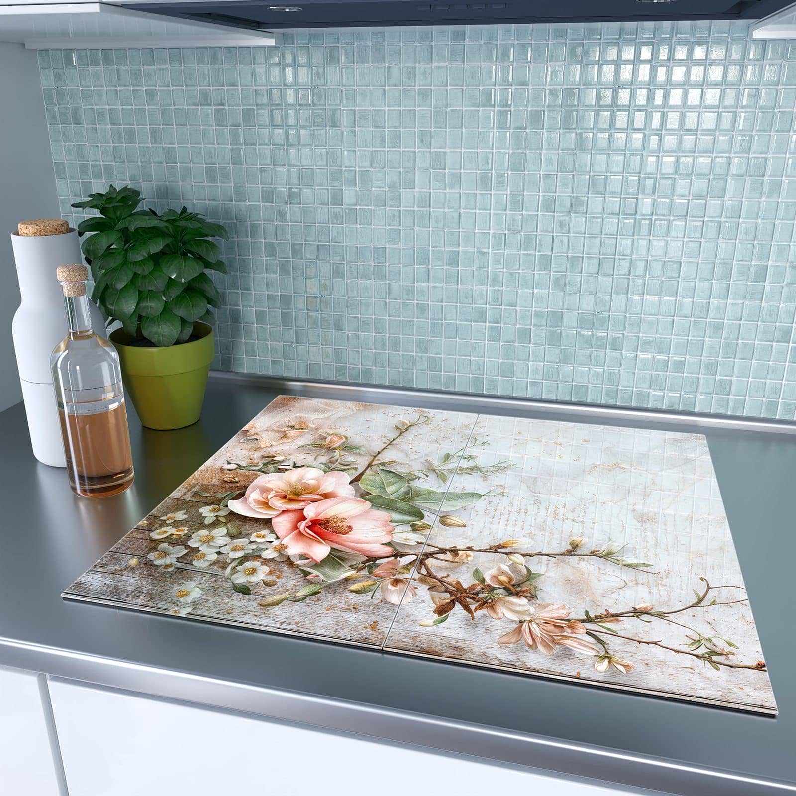 2-teilige Herdabdeckplatten aus Glas mit Warme Blumenarrangement-Motiv auf dem Ceranfeld