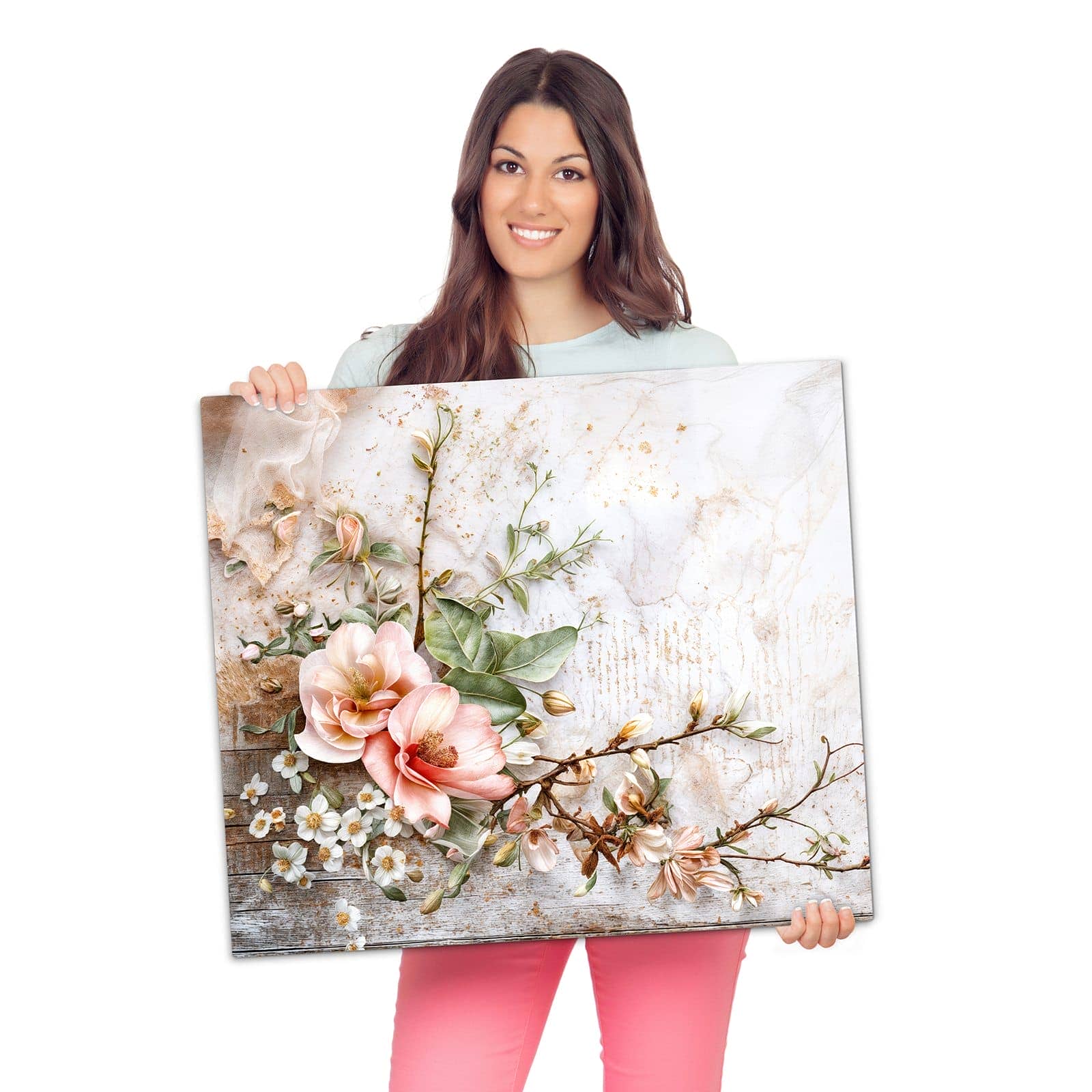 Herdabdeckplatte aus Glas mit Warme Blumenarrangement-Motiv wird zur Größendarstellung gehalten