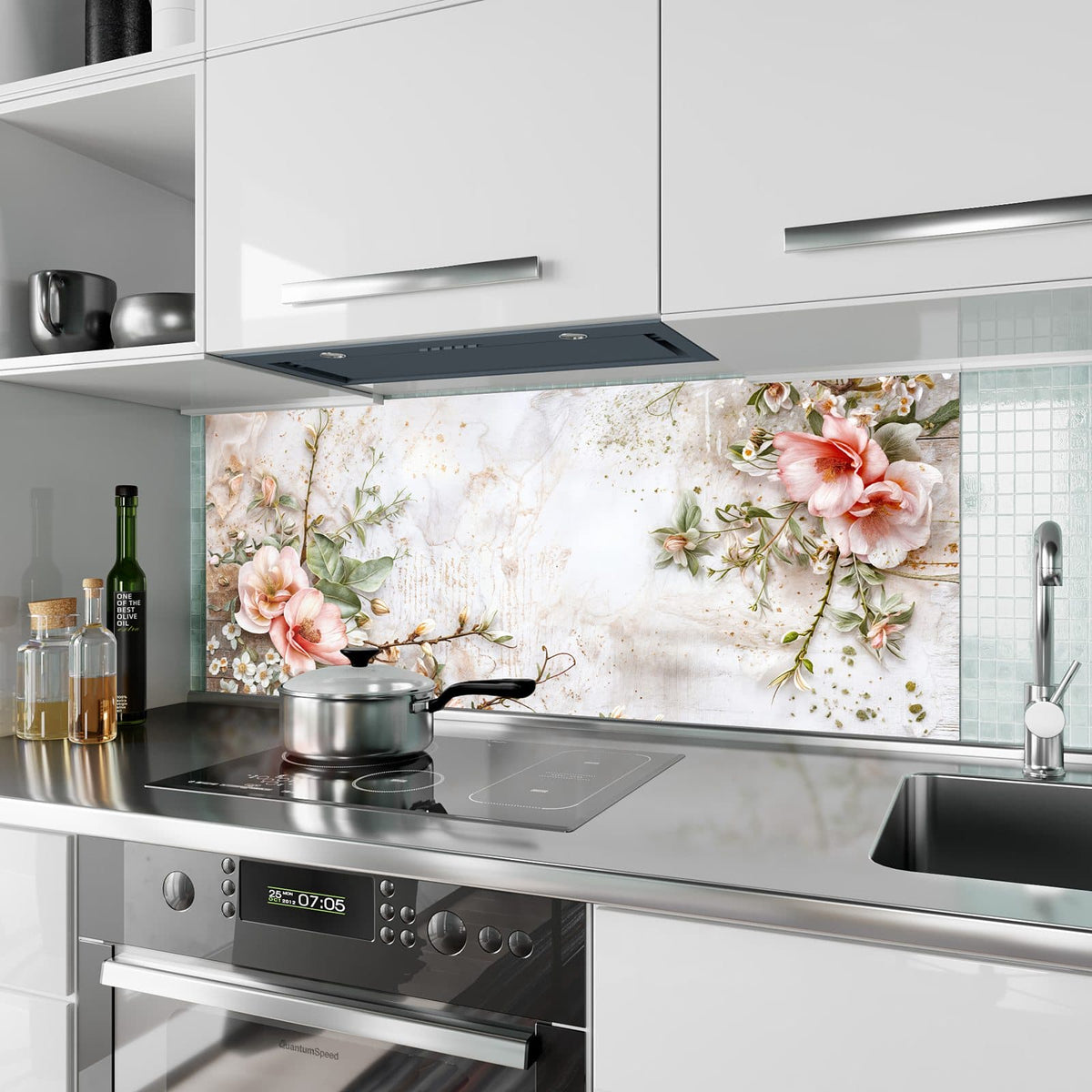 Küchenrückwand aus Glas Magnolien auf Holz im Hochformat als Spritzschutz hinter dem Kochfeld, über dem Fliesenspiegel montiert