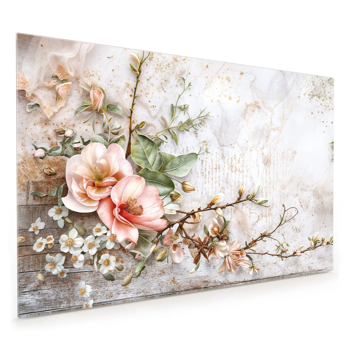 Küchenrückwand aus Glas im Hochformat: Zwei apricotfarbene Magnolienblüten mit Knospenzweig und weißen Blüten auf verwittertem Holz