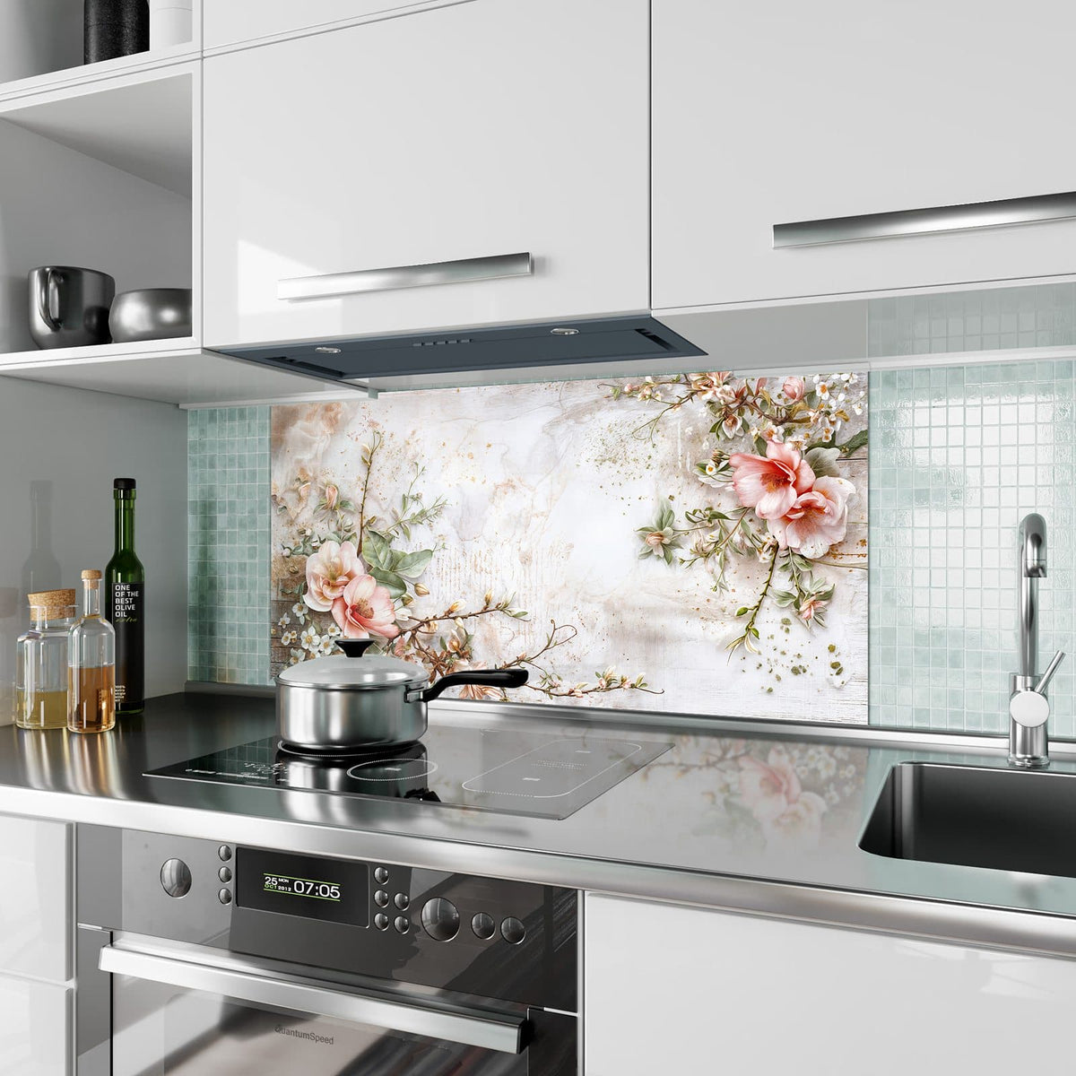 Küchenrückwand aus Glas Magnolien auf Holz im Hochformat als Spritzschutz hinter dem Kochfeld, über dem Fliesenspiegel montiert