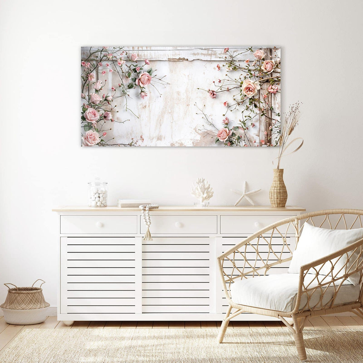 Echtglas, 4 mm – kein Acryl, keine Folie – Wandbild - Rosenranken auf Holz - Querformat