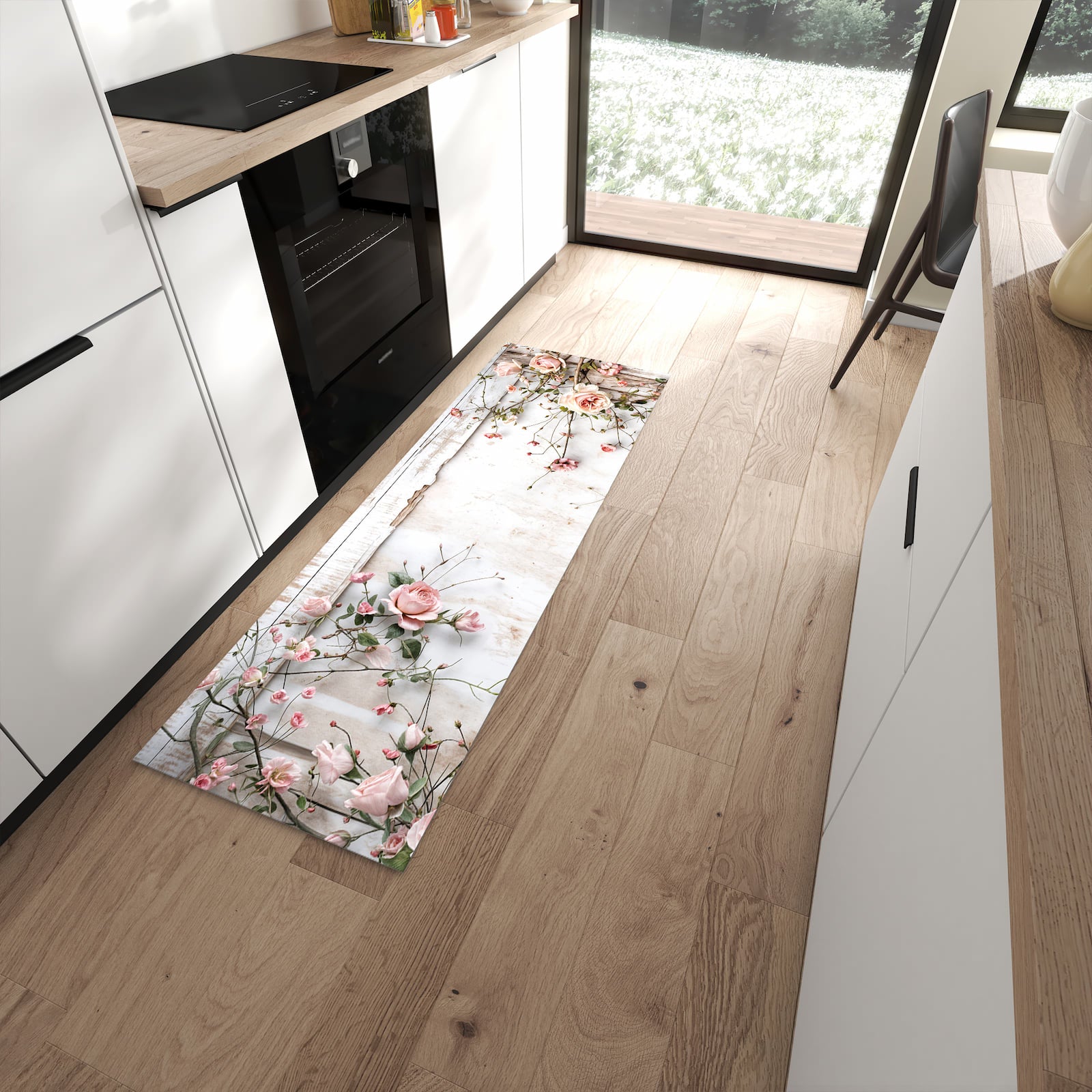Rutschfester Küchenteppich mit Motiv Rosenblüten Eleganz in moderner Küche