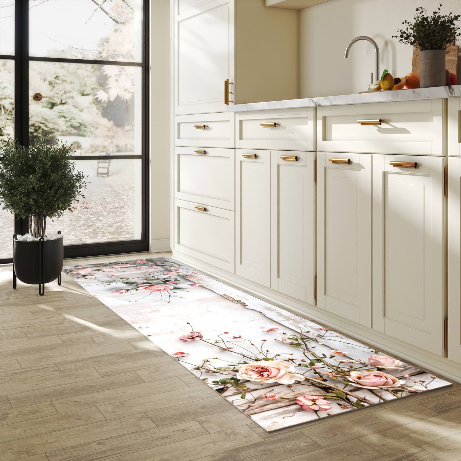 Zeitsparender waschbarer Küchenteppich mit Motiv Rosenblüten Eleganz in heller Küche