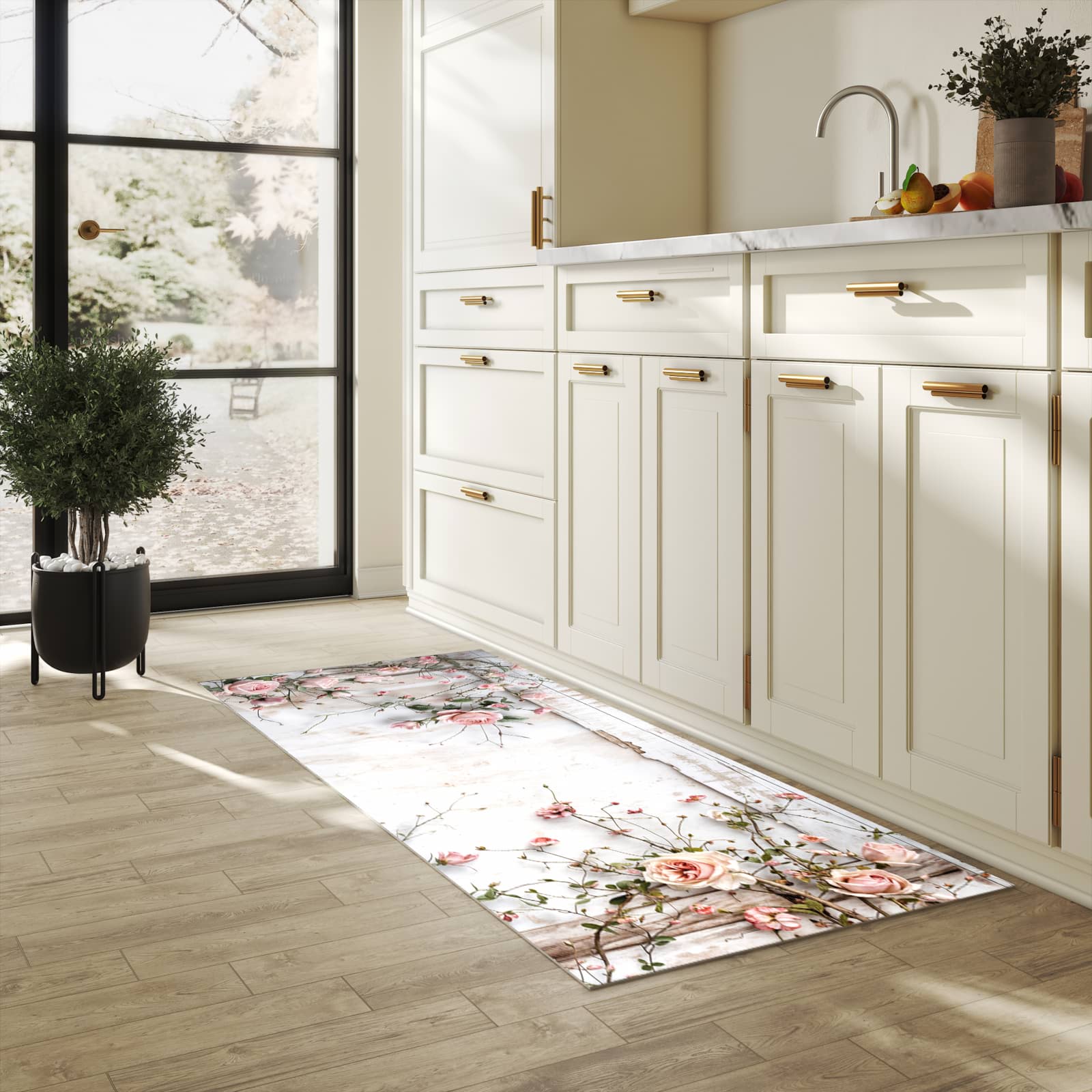 Formstabiler Küchenläufer mit Motiv Rosenblüten Eleganz in heller Küche