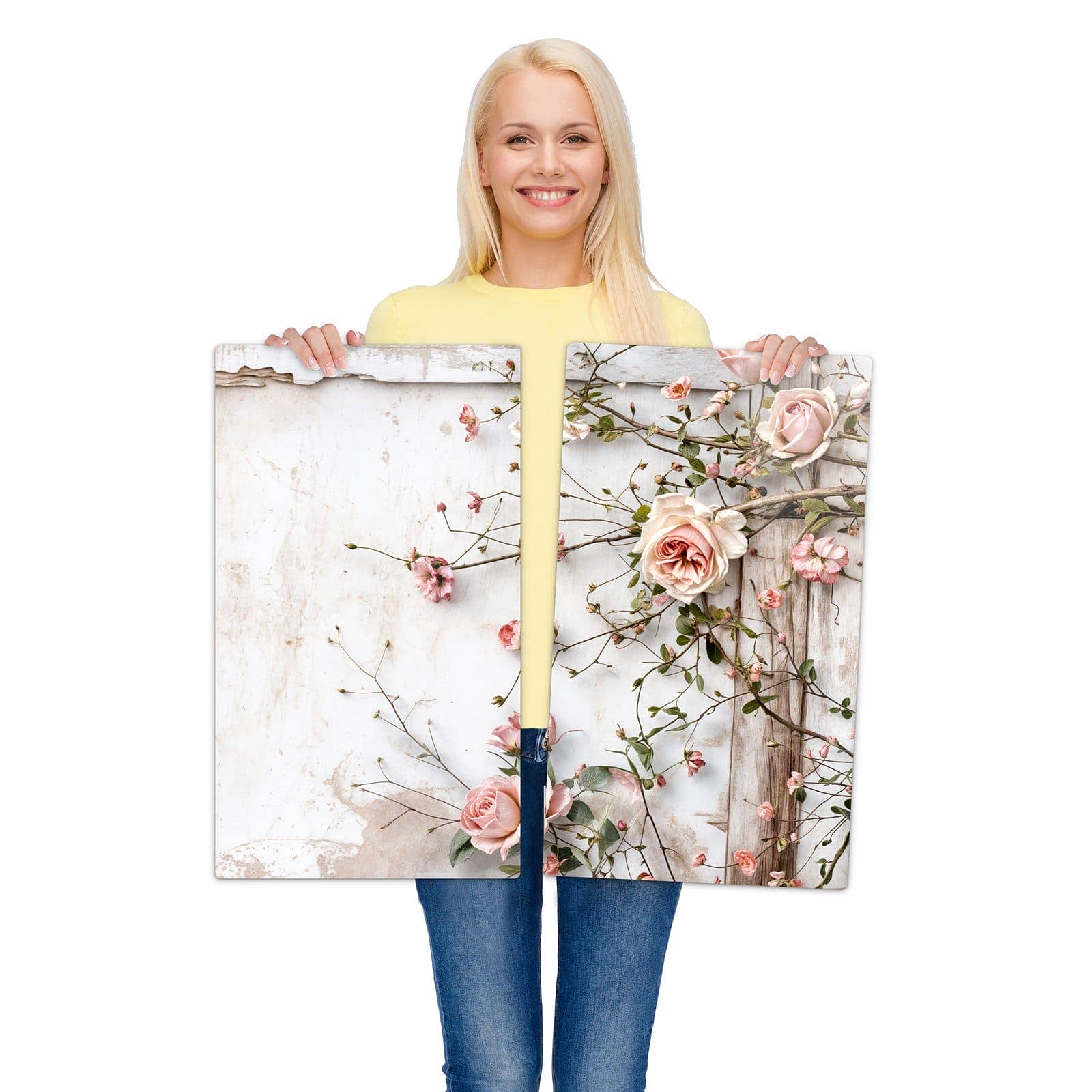 2-teilige Herd Schutzplatte mit Rosenblüten Eleganz-Motiv wird zur Größendarstellung gehalten