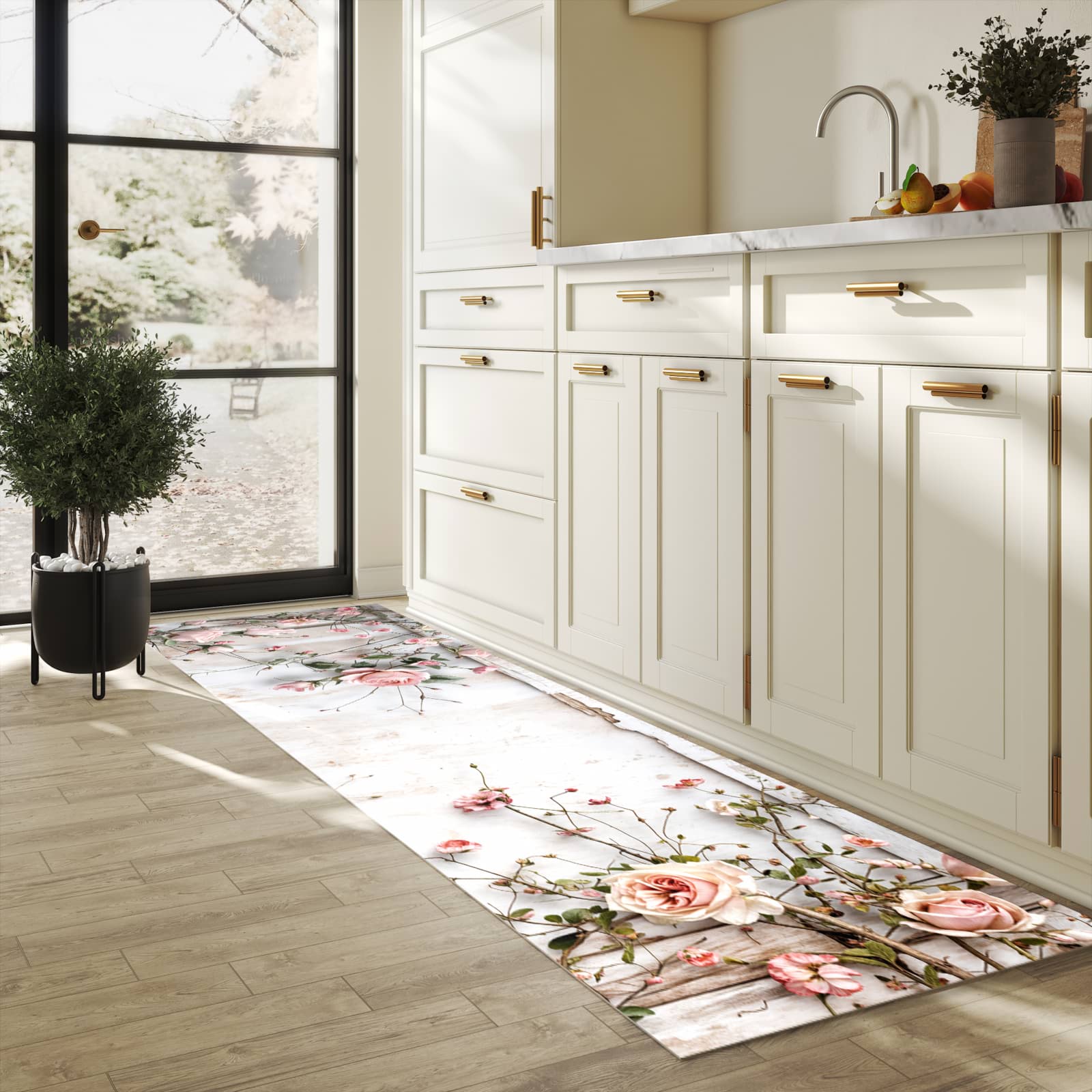 Geräuschdämpfender Küchenläufer mit Motiv Rosenblüten Eleganz in heller Küche