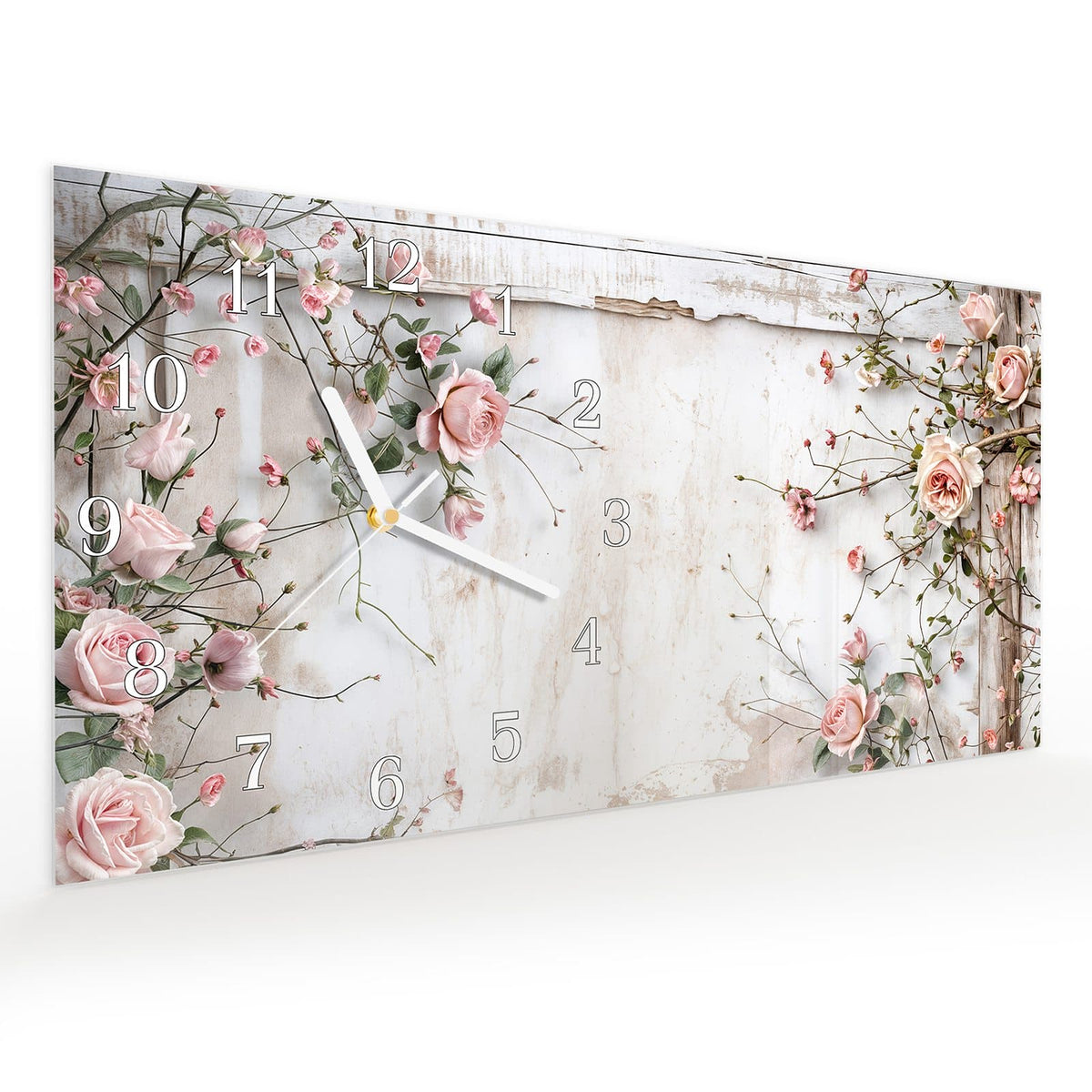 Vormontiert – mit Schwebeeffekt – Wanduhr Rosenblüten Eleganz aus Glas – Querformat 60 × 30 cm