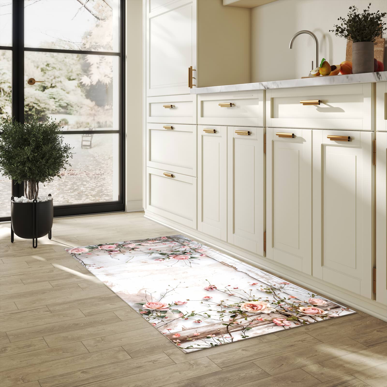 Abriebfester Küchenläufer mit Motiv Rosenblüten Eleganz in heller Küche