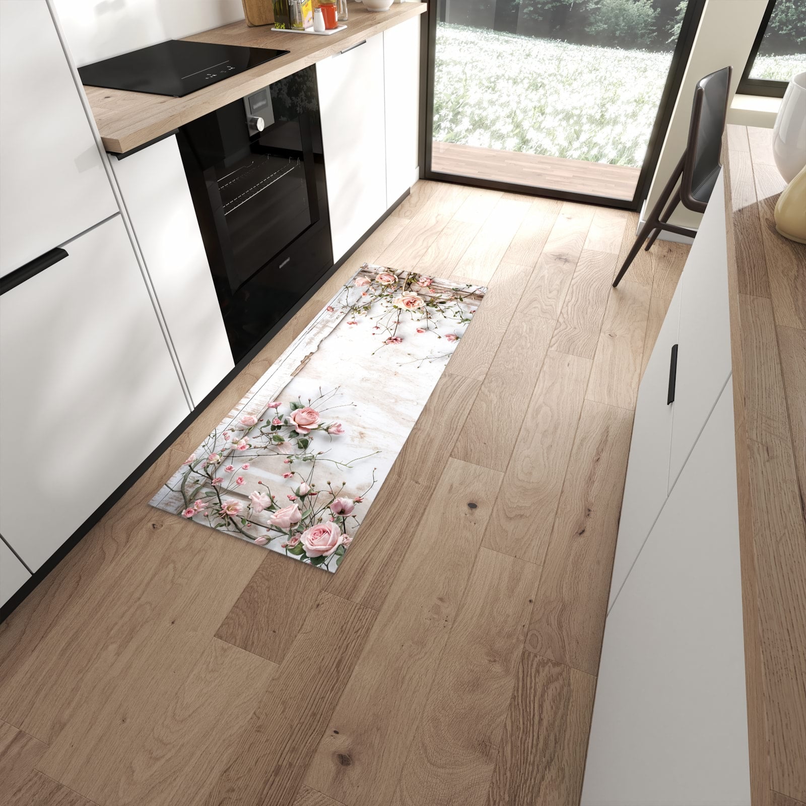 Komfortabler großer Küchenteppich mit Motiv Rosenblüten Eleganz in moderner Küche #grösse_60 x 150 cm