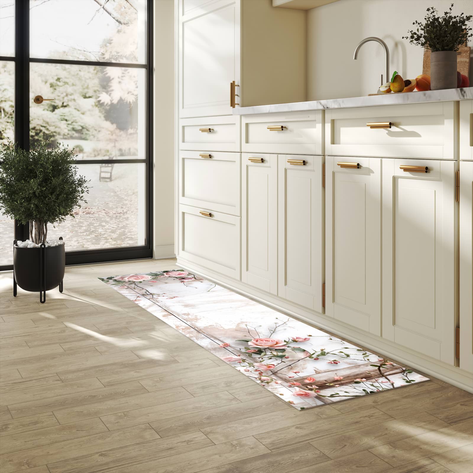 Bodenschonender Küchenteppich mit Motiv Rosenblüten Eleganz in heller Küche