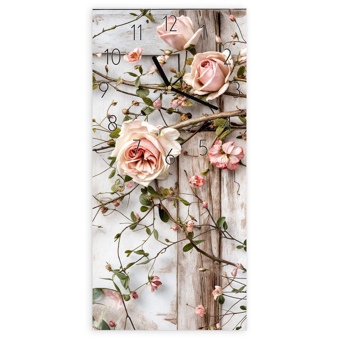 Wanduhr Rosenblüten Eleganz aus Glas – Hochformat 30 × 60 cm mit Ziffernblatt Elegant