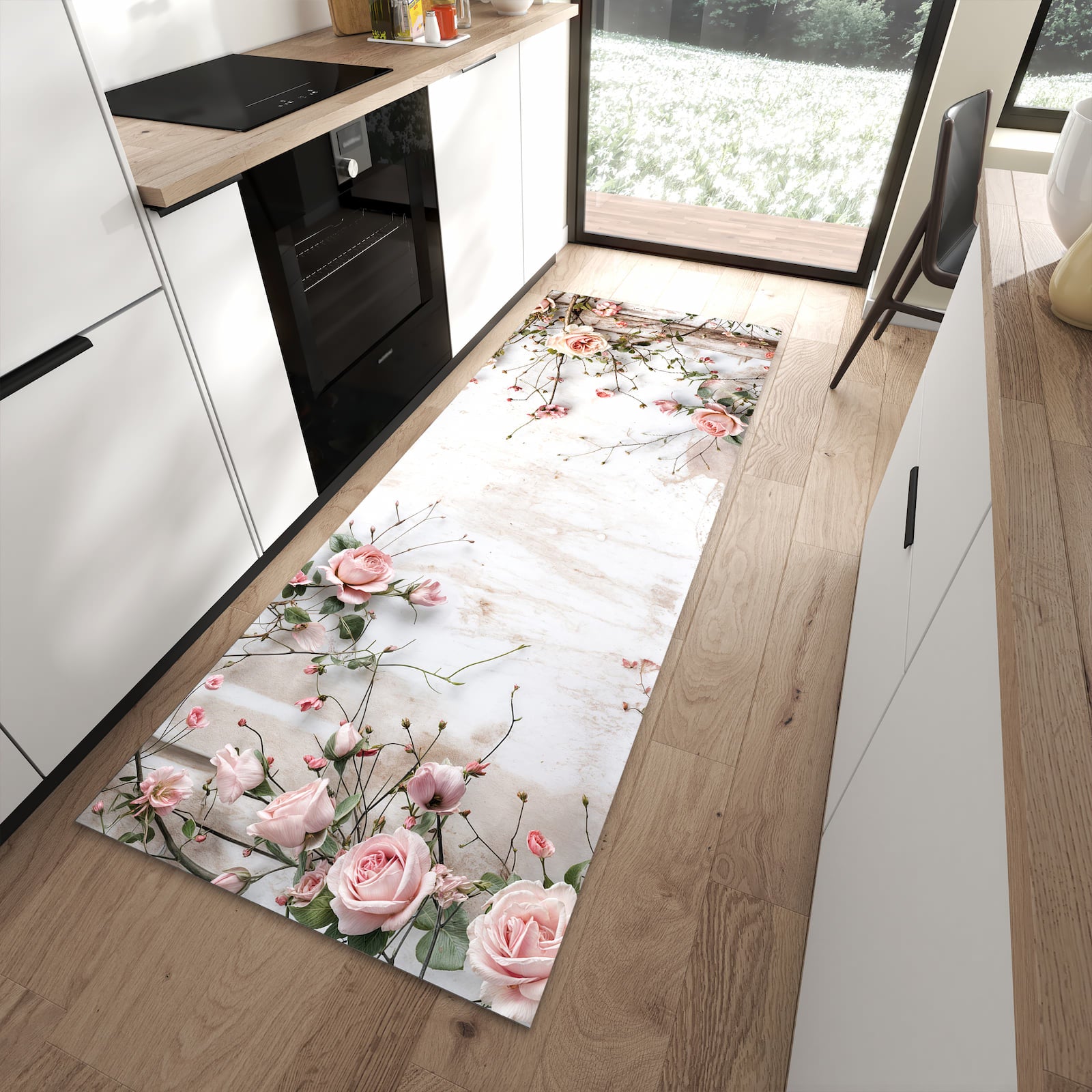 Ordnungsschaffender Küchenläufer mit Motiv Rosenblüten Eleganz in moderner Küche