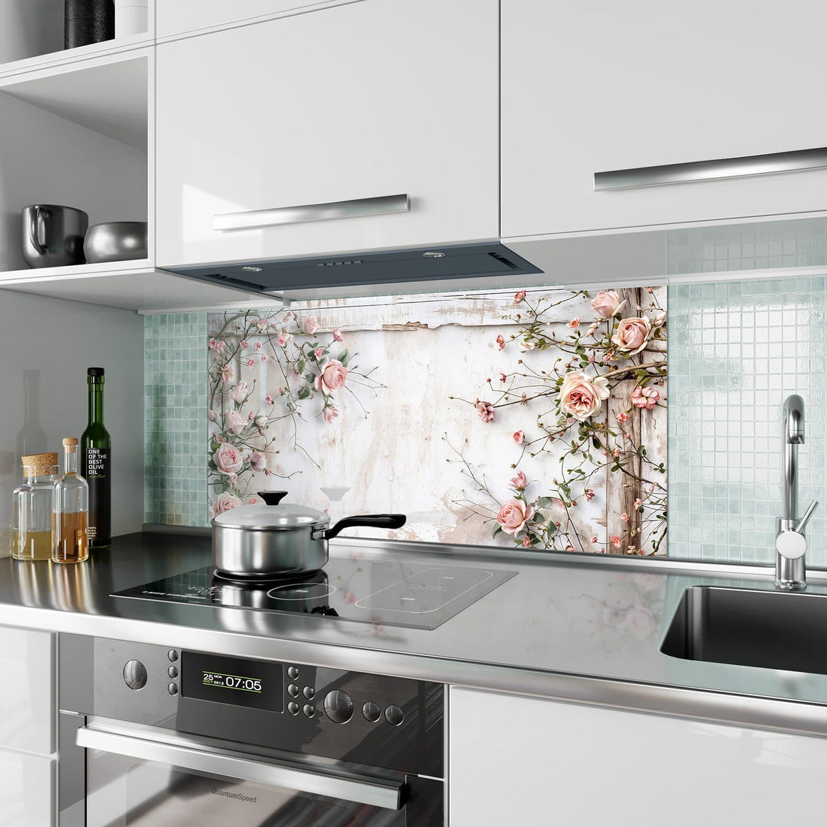 Küchenrückwand aus Glas Rosenranken auf Holz im Hochformat als Spritzschutz hinter dem Kochfeld, über dem Fliesenspiegel montiert