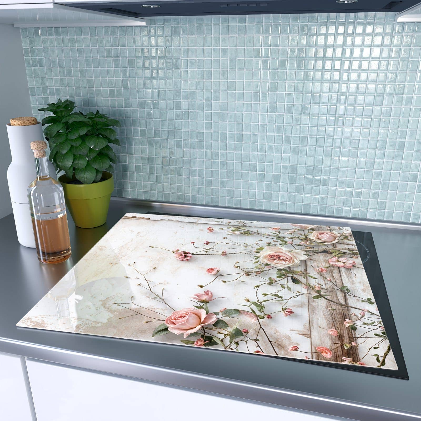 1-teilige Herdabdeckplatte mit Rosenblüten Eleganz-Motiv auf dem Ceranfeld