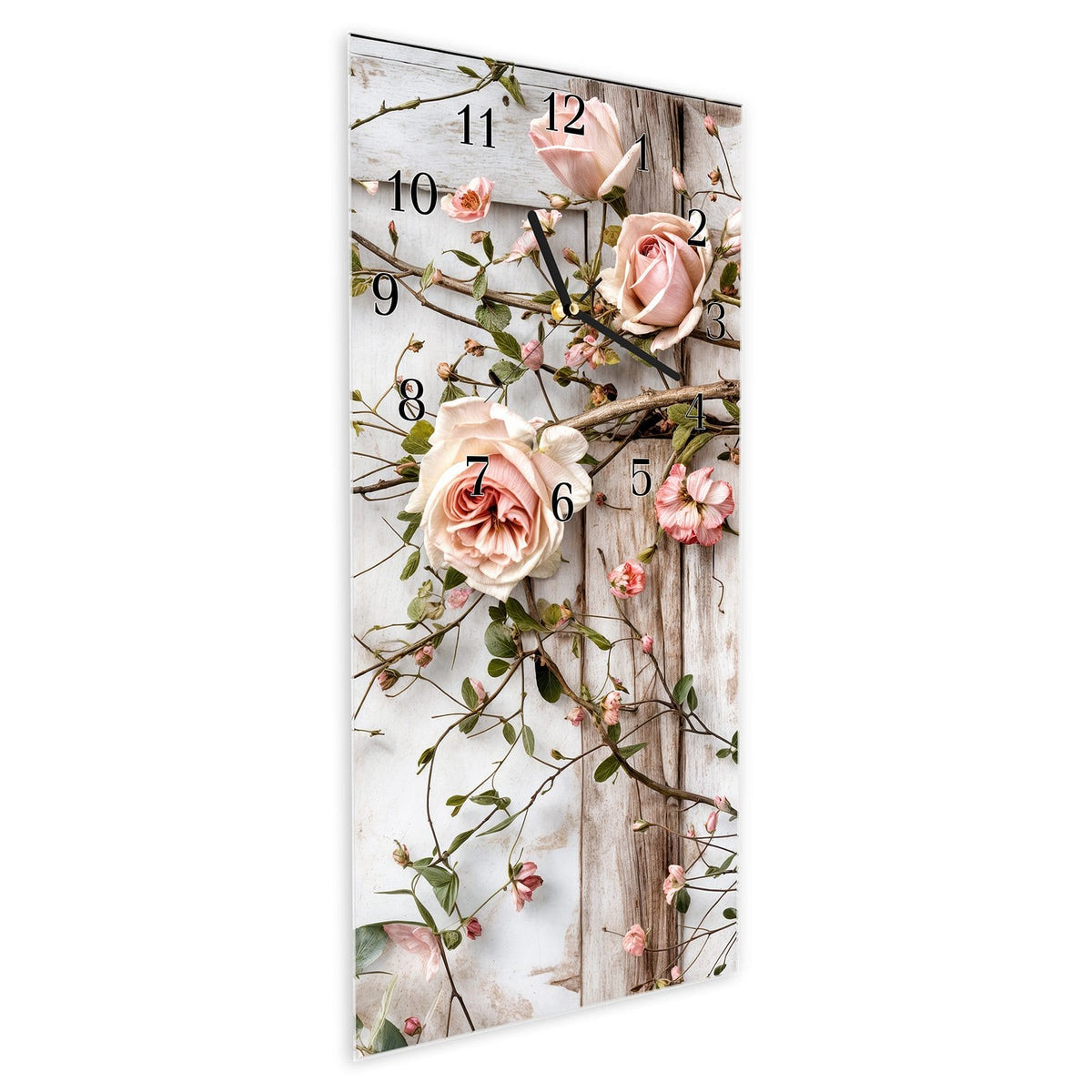 Vormontiert – mit Schwebeeffekt – Wanduhr Rosenblüten Eleganz aus Glas – Hochformat 30 × 60 cm