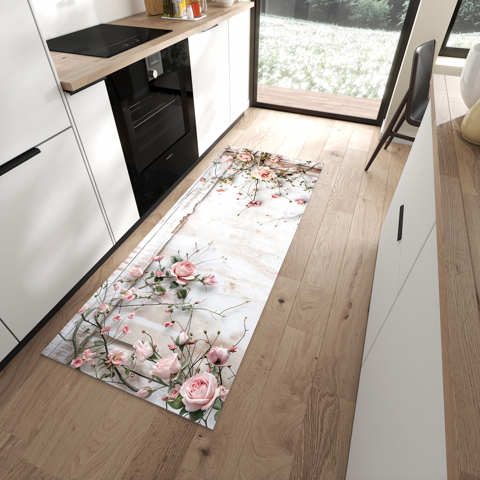 Waschbarer Küchenläufer mit Motiv Rosenblüten Eleganz in moderner Küche