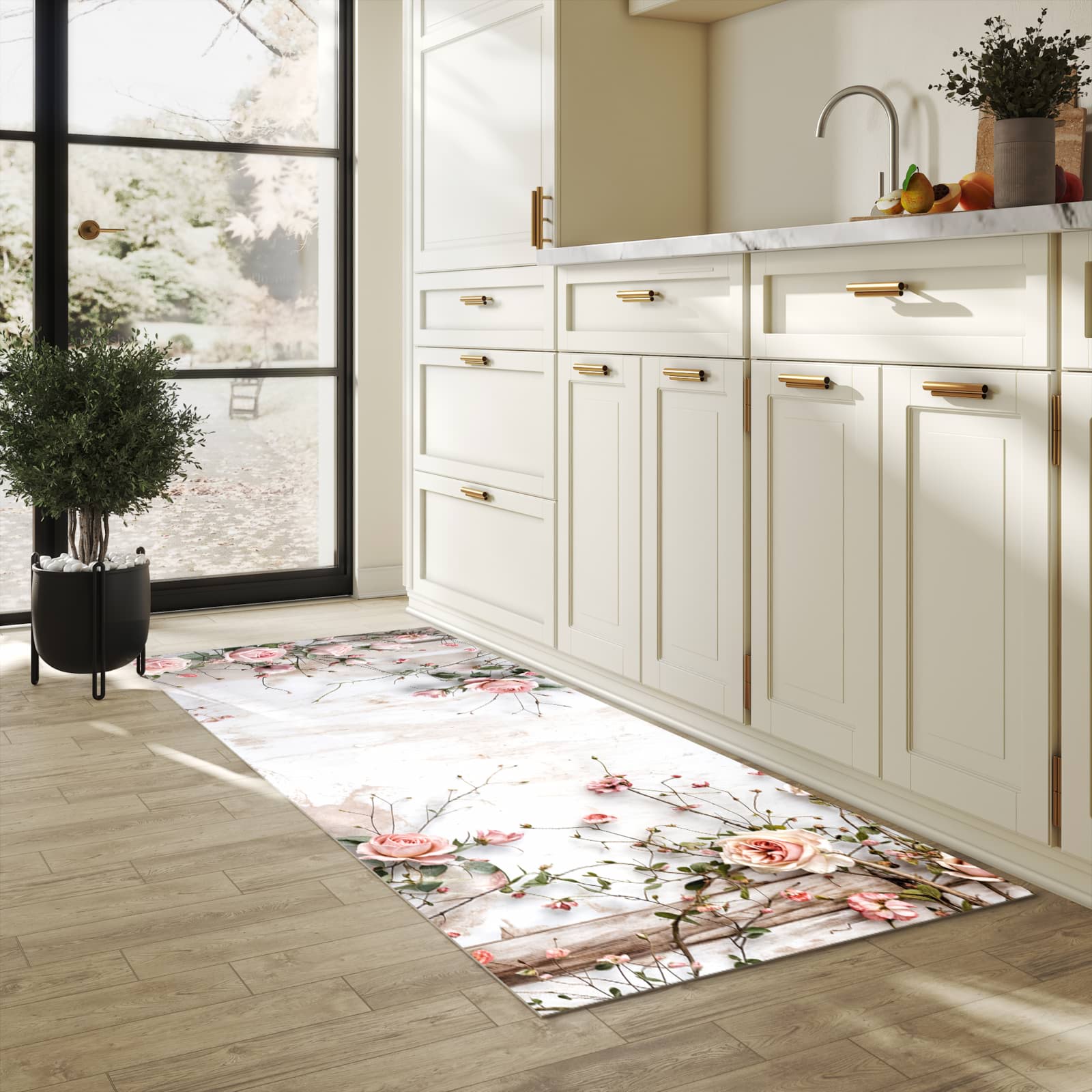 UV-beständiger Teppichläufer mit Motiv Rosenblüten Eleganz in heller Küche