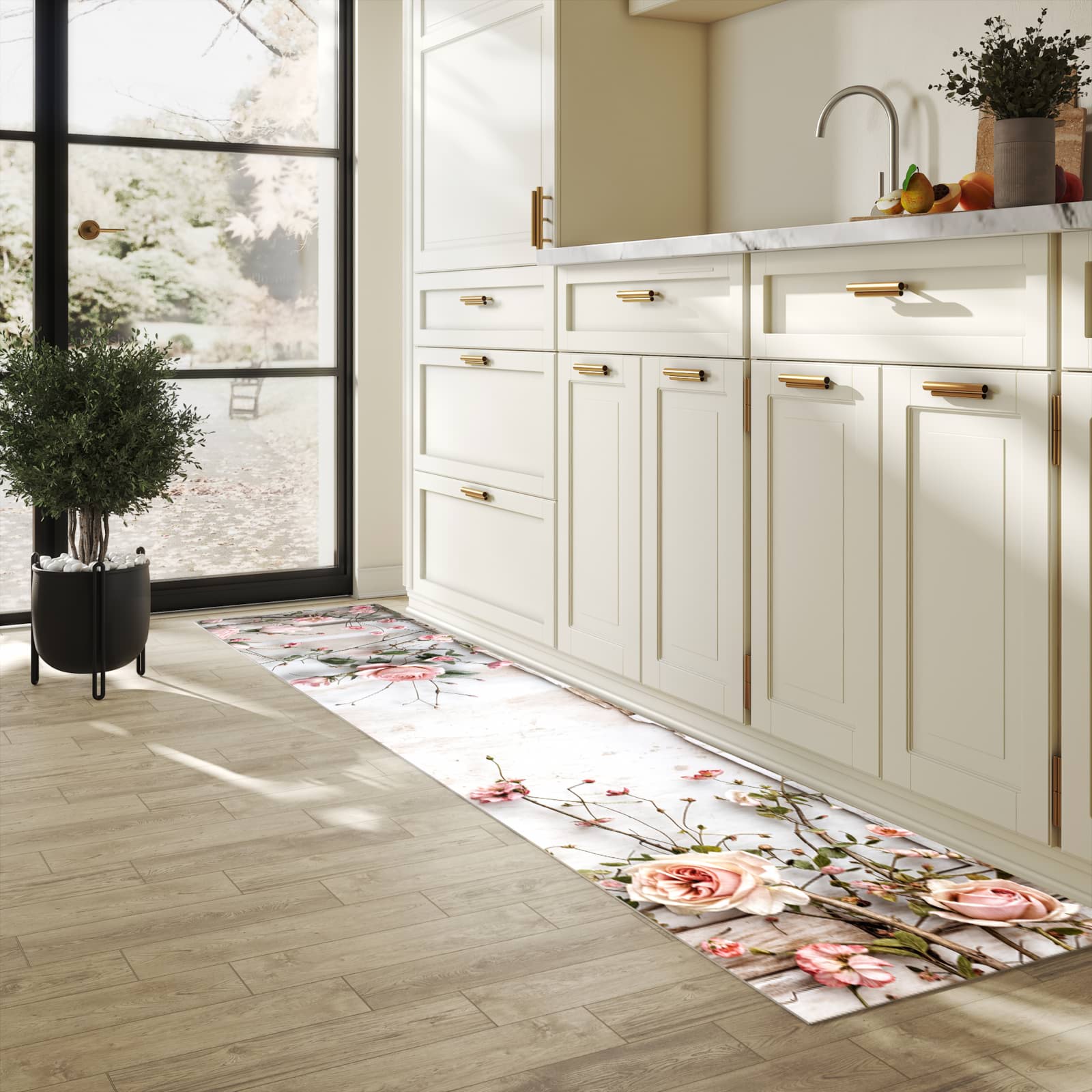 Bodenschonender Läufer für die Küche mit Motiv Rosenblüten Eleganz in heller Küche