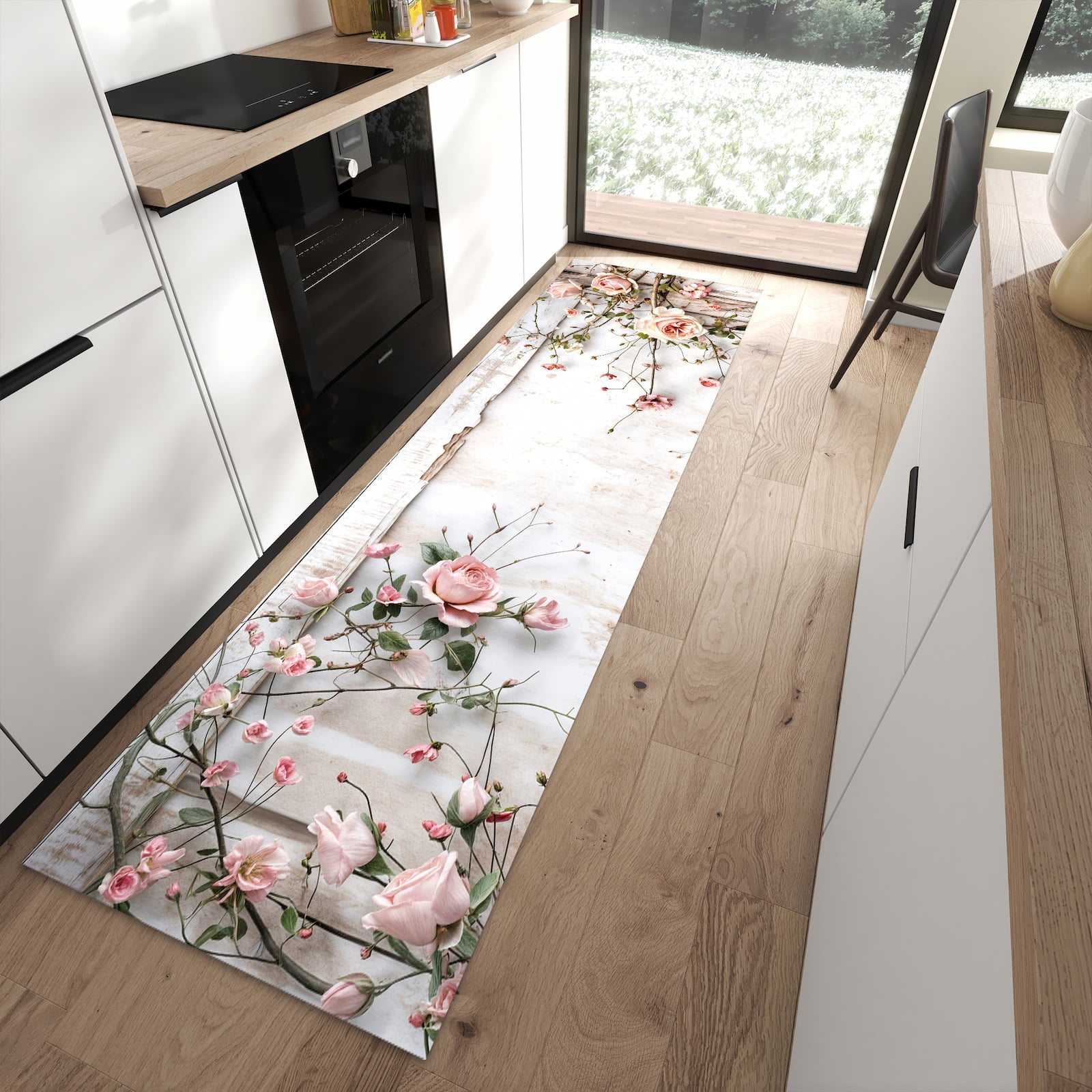 Rutschfester Küchenläufer mit Motiv Rosenblüten Eleganz in moderner Küche
