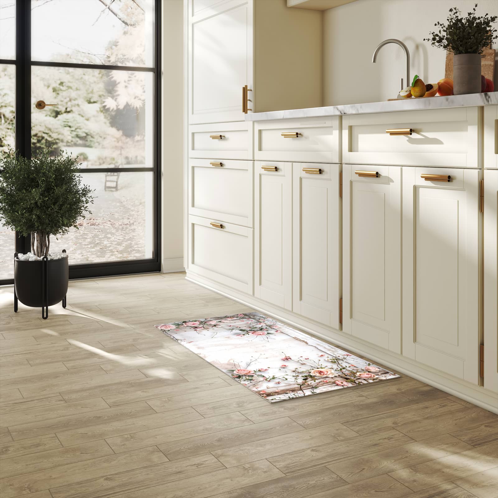 Langlebiger Teppich für die Küche mit Motiv Rosenblüten Eleganz in heller Küche