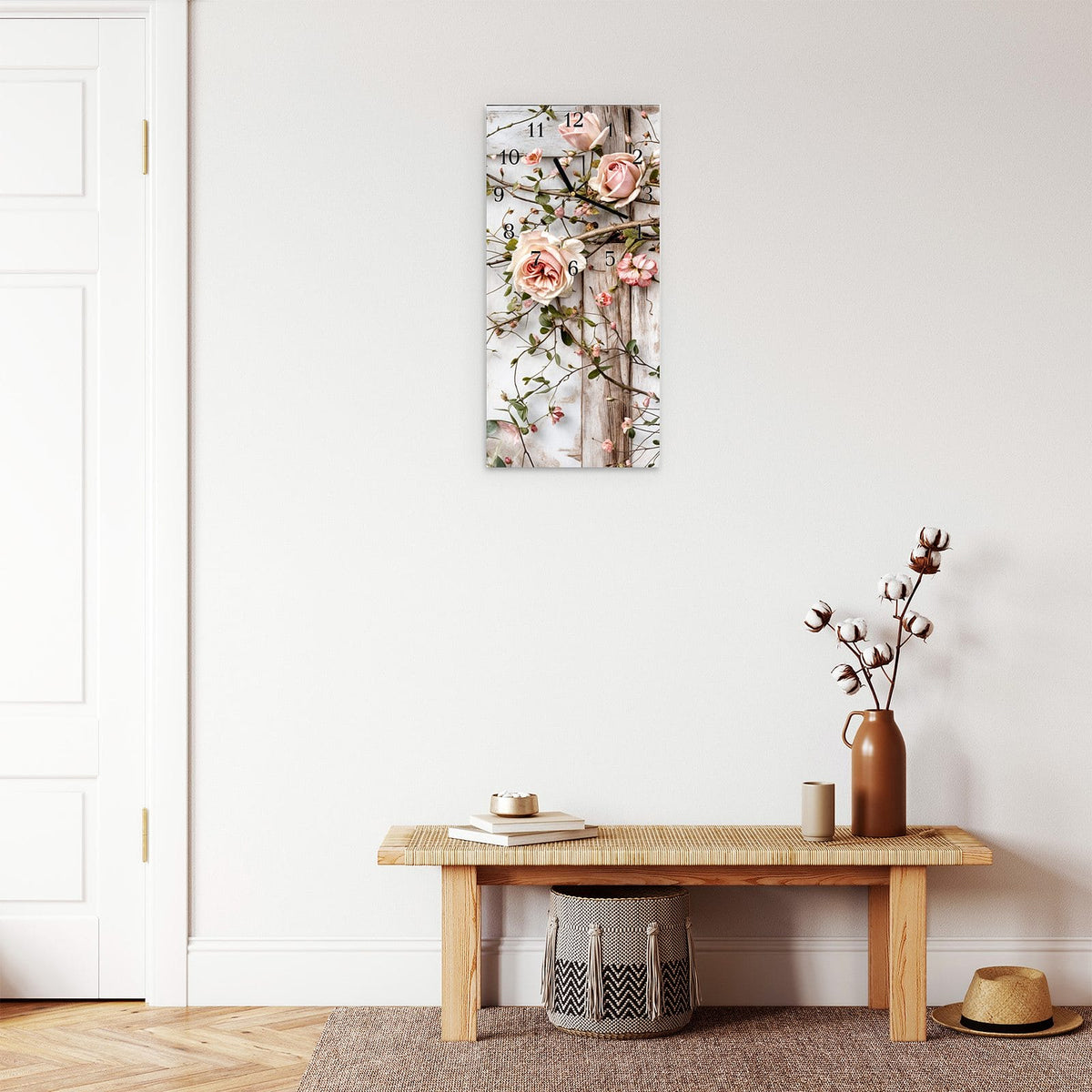 Moderne Wanduhr aus Glas mit Farbtiefe – Wanduhr Rosenblüten Eleganz aus Glas – Hochformat 30 × 60 cm