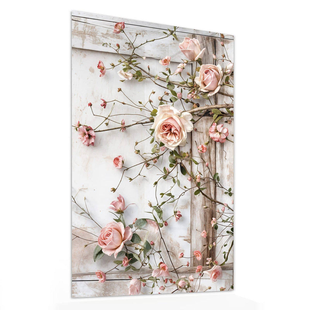 11 Größen – von 30 × 60 bis 60 × 150 cm – Wandbild - Rosenranken auf Holz - Hochformat