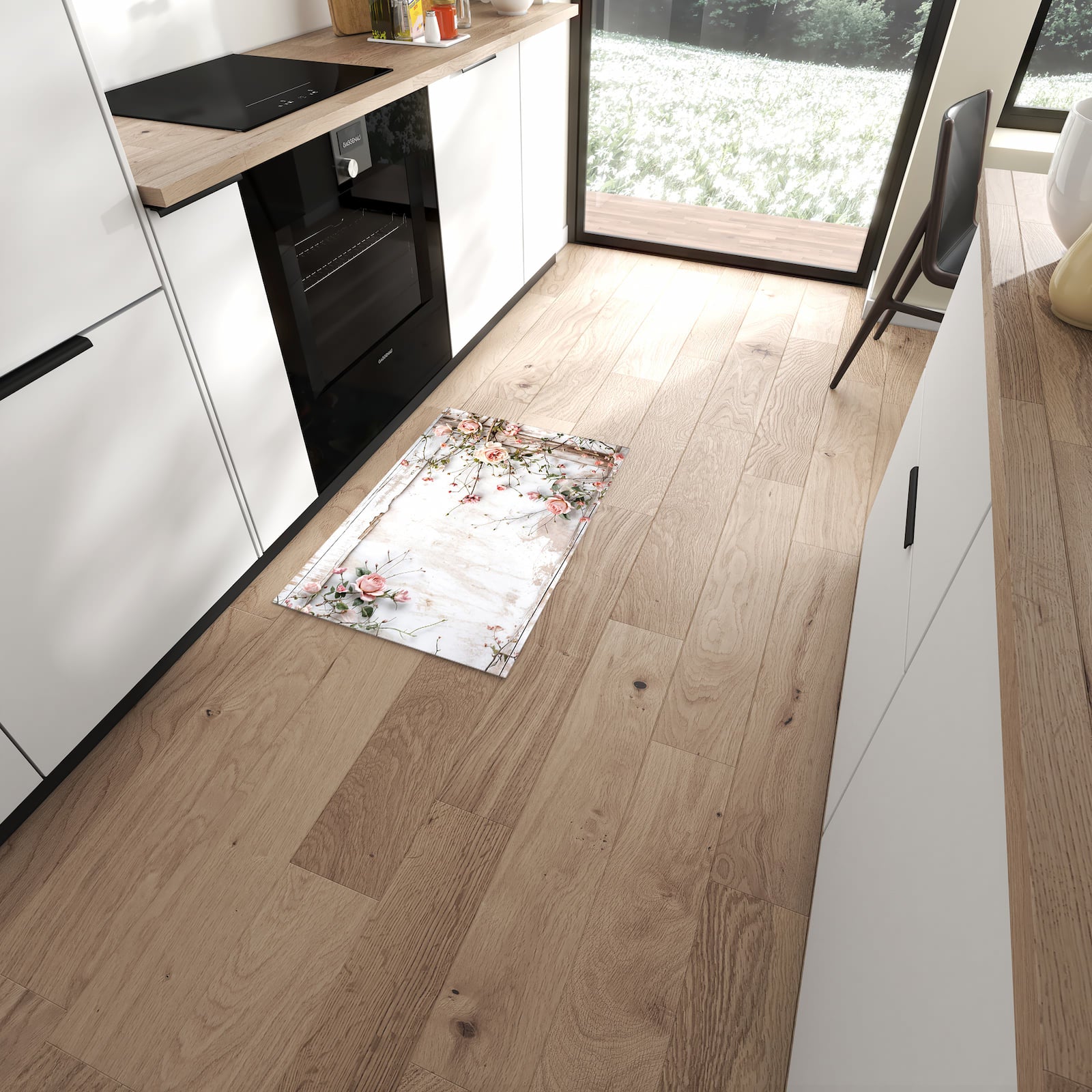 Strapazierfähiger Küchenläufer mit Motiv Rosenblüten Eleganz in moderner Küche