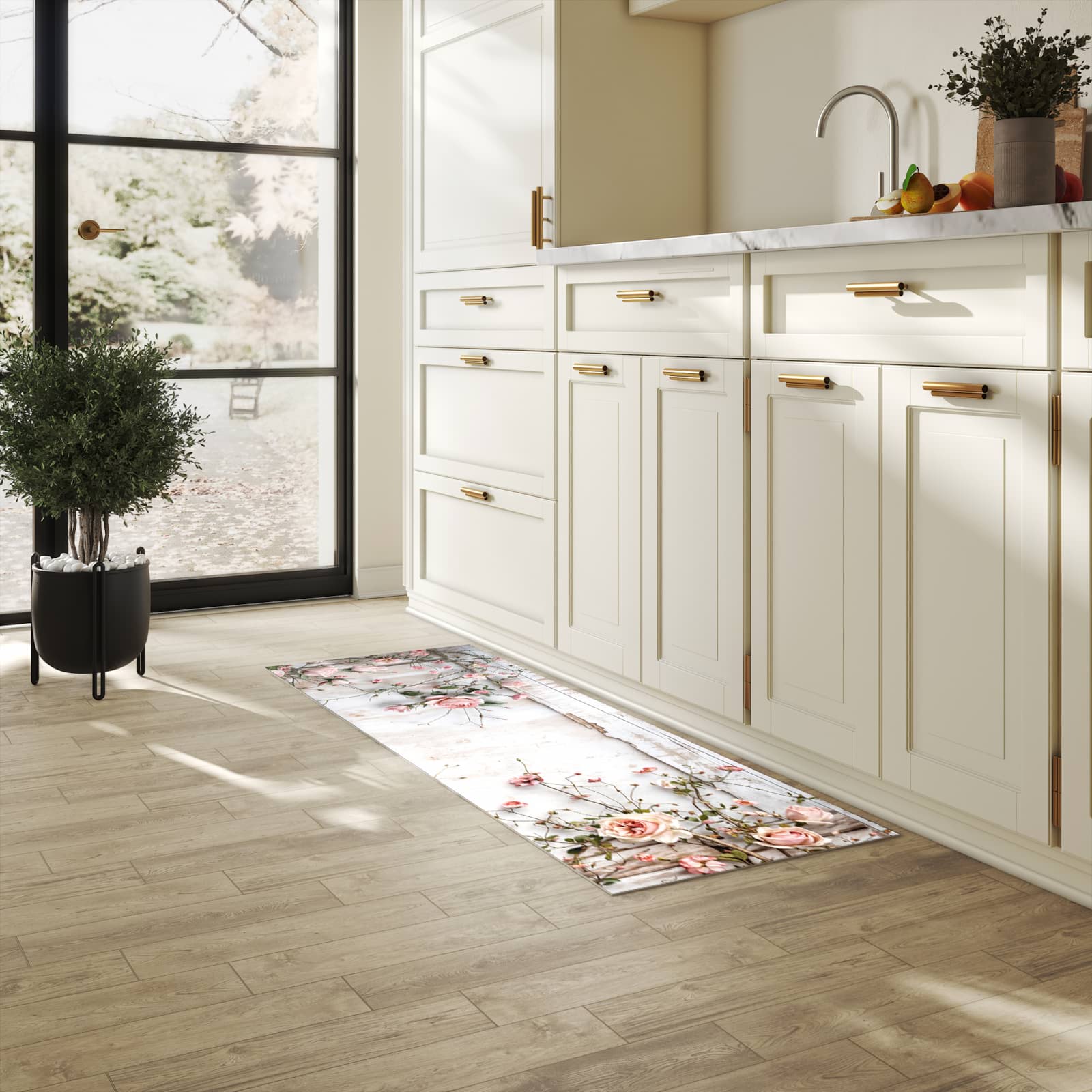 Feuchtigkeitsresistenter Küchenteppich mit Motiv Rosenblüten Eleganz in heller Küche