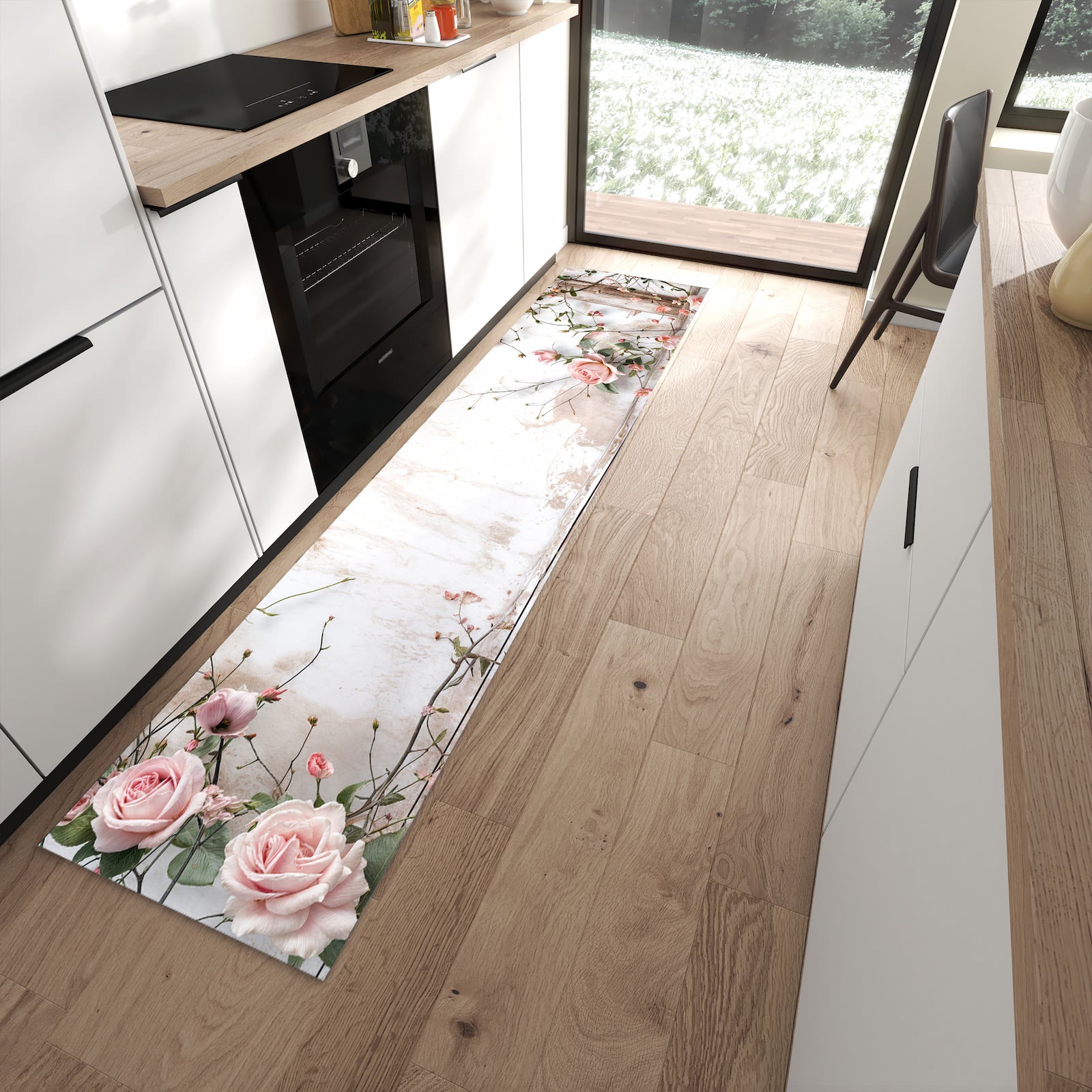 Küchenteppich mit Motiv Rosenblüten Eleganz für angenehme Haptik in moderner Küche