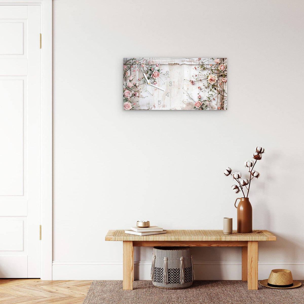 Moderne Wanduhr aus Glas mit Farbtiefe – Wanduhr Rosenblüten Eleganz aus Glas – Querformat 60 × 30 cm