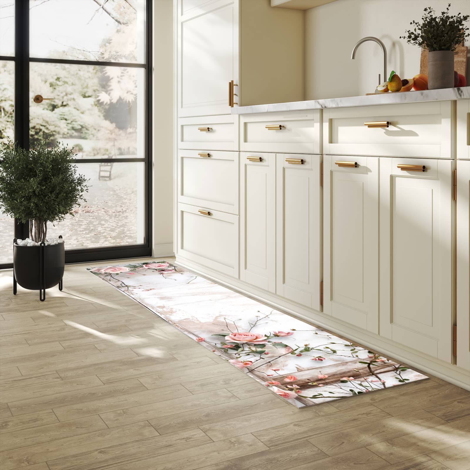 Läufer für die Küche mit Motiv Rosenblüten Eleganz in heller Küche für Ordnung