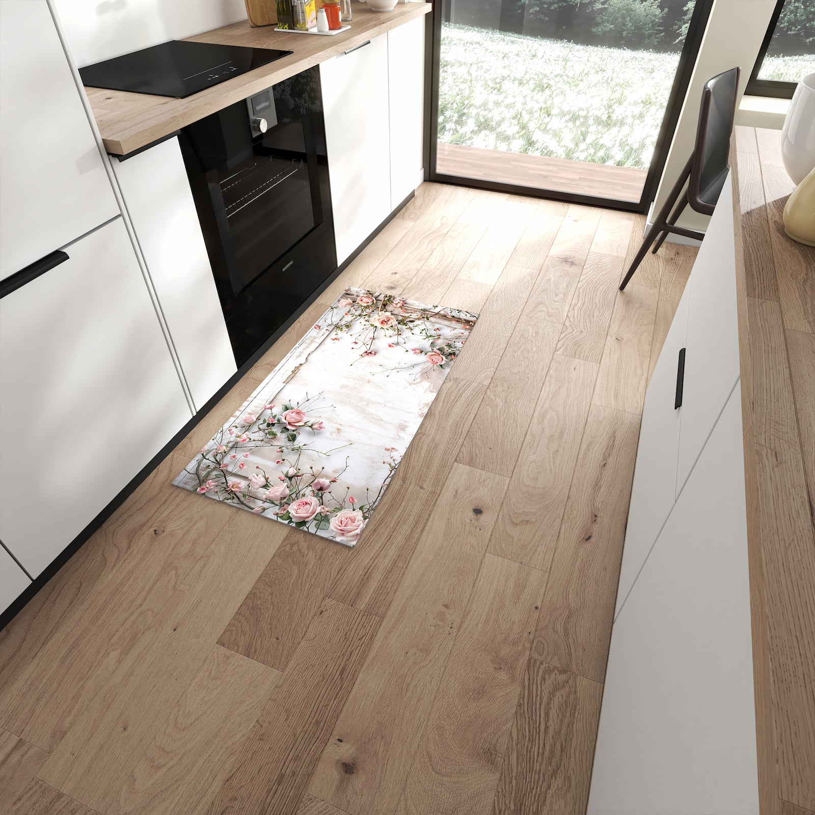 Pflegeleichter waschbarer Küchenteppich mit Motiv Rosenblüten Eleganz in moderner Küche #grösse_60 x 120 cm