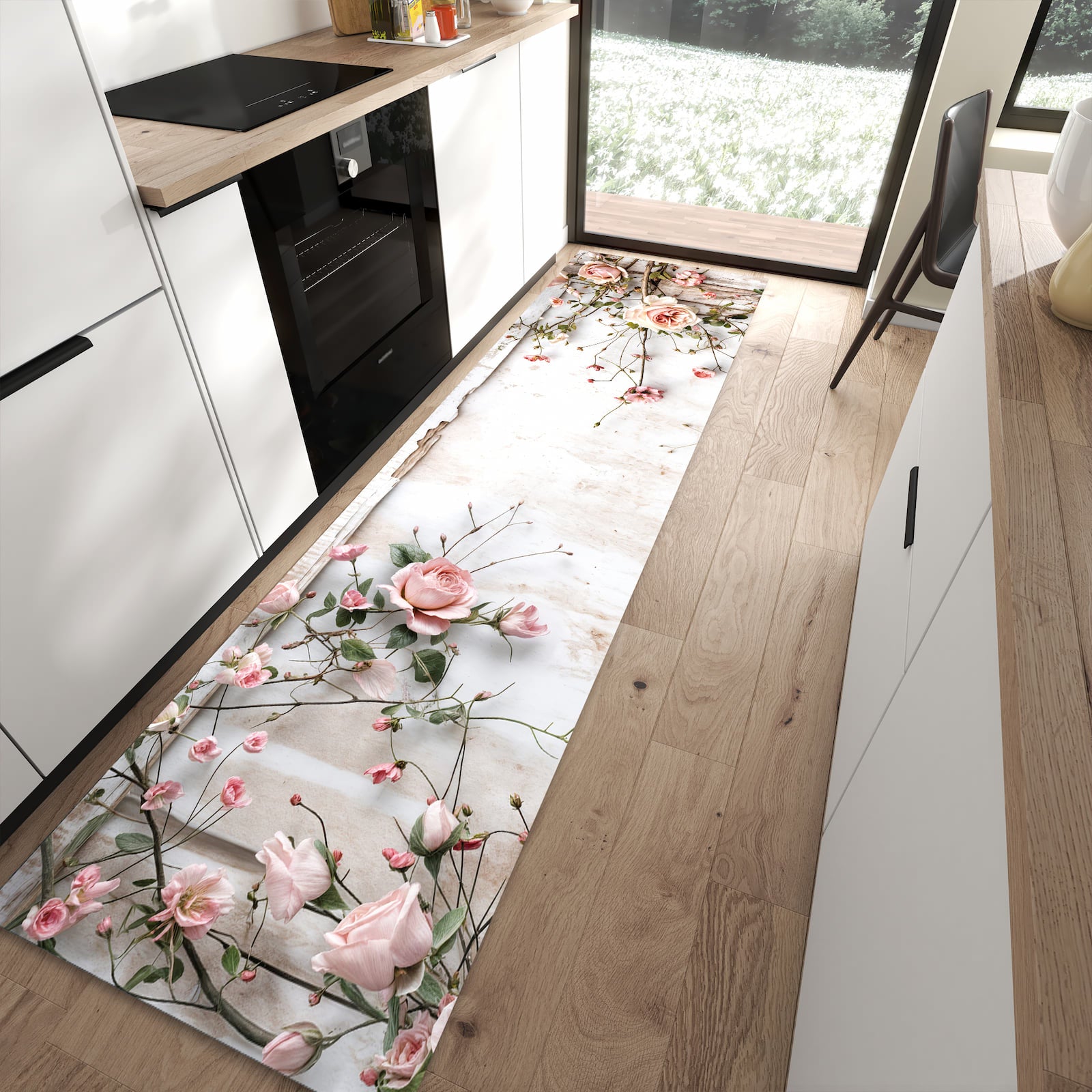Feuchtigkeitsresistenter waschbarer Küchenläufer mit Motiv Rosenblüten Eleganz in moderner Küche