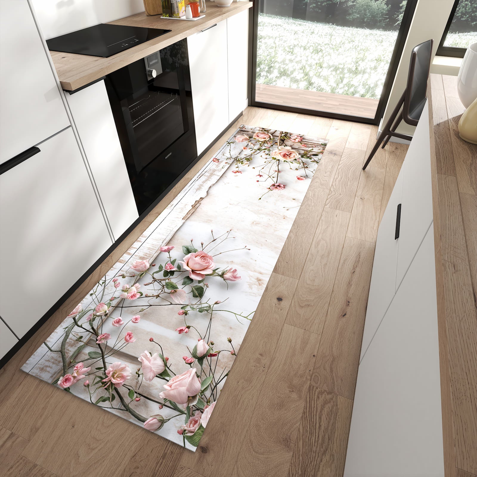 Langlebiger rutschfester Küchenläufer mit Motiv Rosenblüten Eleganz in moderner Küche
