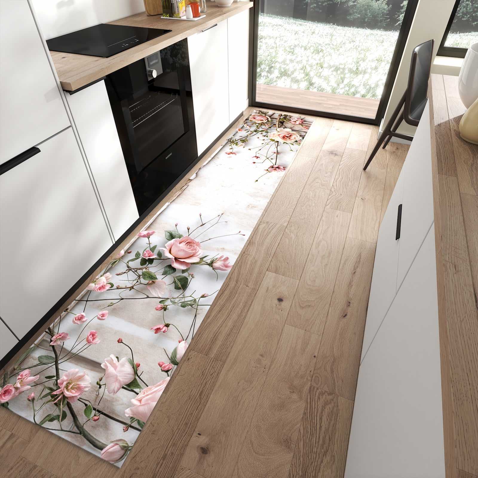 Hygienischer Küchenläufer mit Motiv Rosenblüten Eleganz in moderner Küche