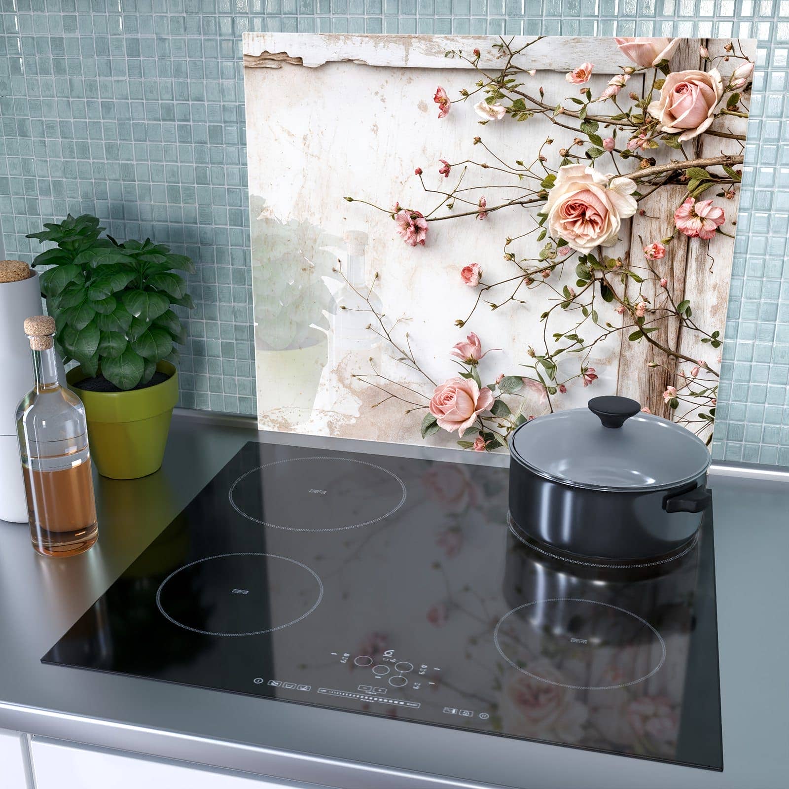 1-teilige Abdeckplatten für Ceranfeld mit Rosenblüten Eleganz-Motiv als Spritzschutz hinter dem Kochfeld