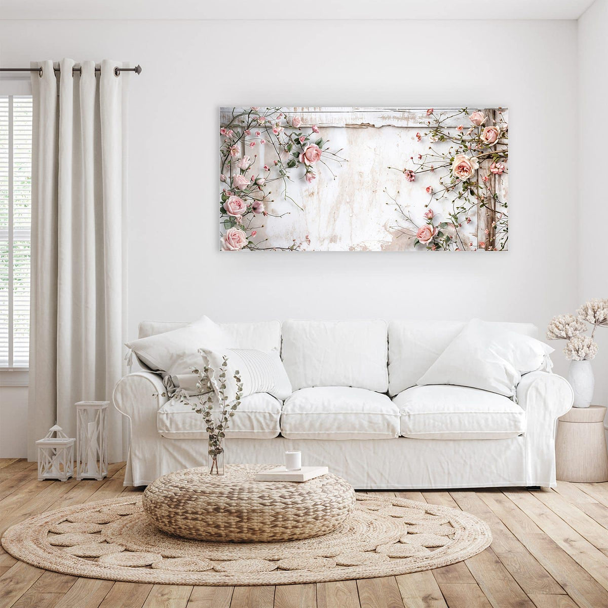 Wandbild - Rosenranken auf Holz - Querformat – Zartrosa Rosen an verwittertem Holz