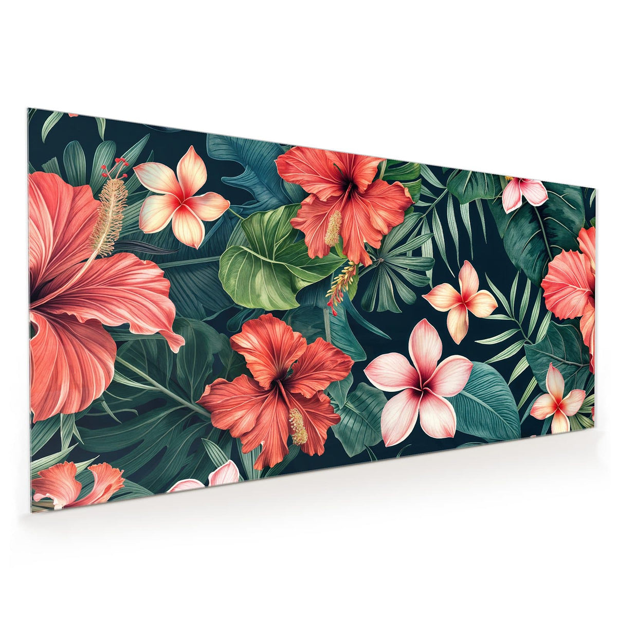 Küchenrückwand aus Glas im Hochformat mit Motiv Hibiskus auf Dunkelgrün: Illustriertes Muster aus roten Hibiskusblüten