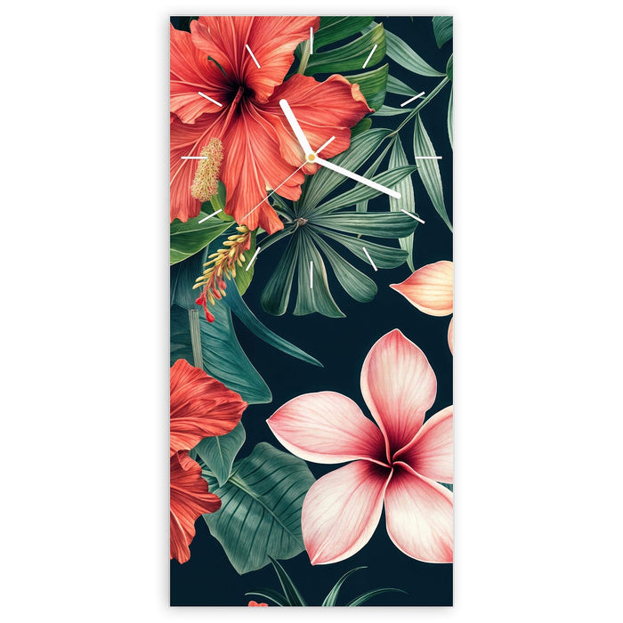 Wanduhr Tropenblumen aus Glas – Hochformat 30 × 60 cm mit Ziffernblatt Linie
