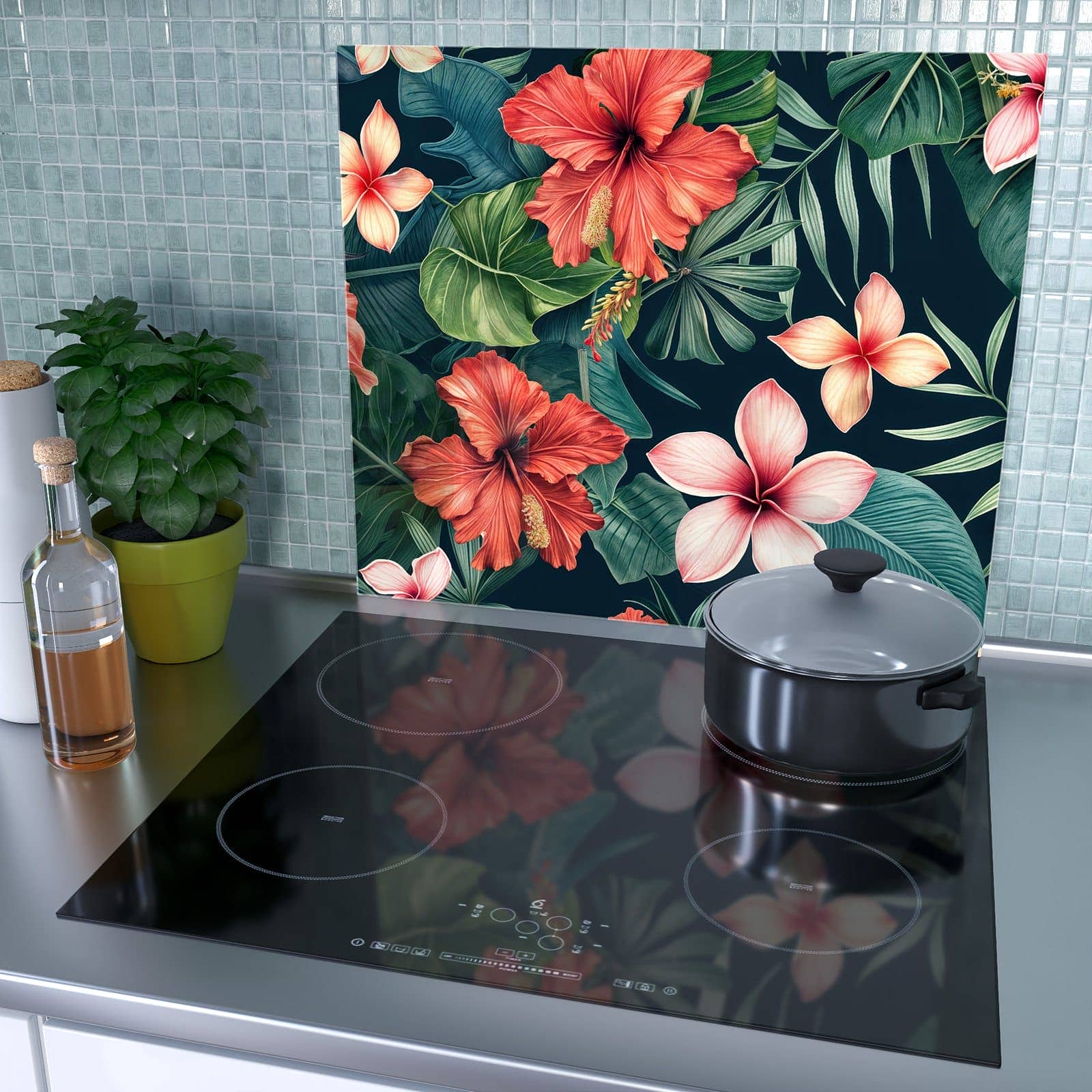 1-teilige Herdabdeckung mit Tropenblumen-Motiv als Spritzschutz hinter dem Kochfeld