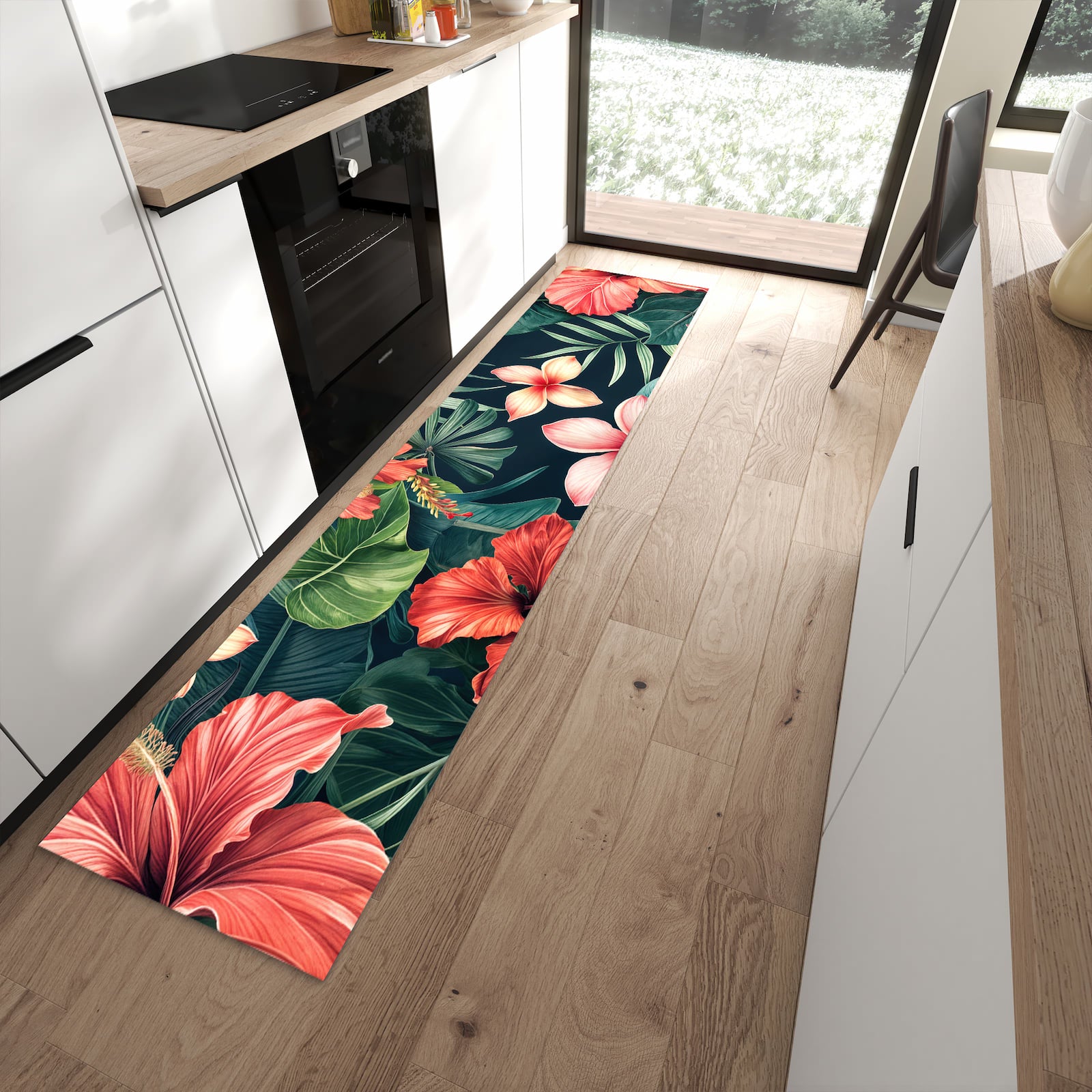 Langlebiger waschbarer Küchenteppich mit Motiv Tropenblumen in moderner Küche