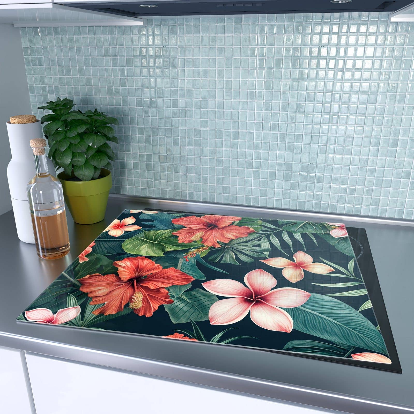 1-teilige Herdabdeckung aus Glas mit Tropenblumen-Motiv auf dem Ceranfeld