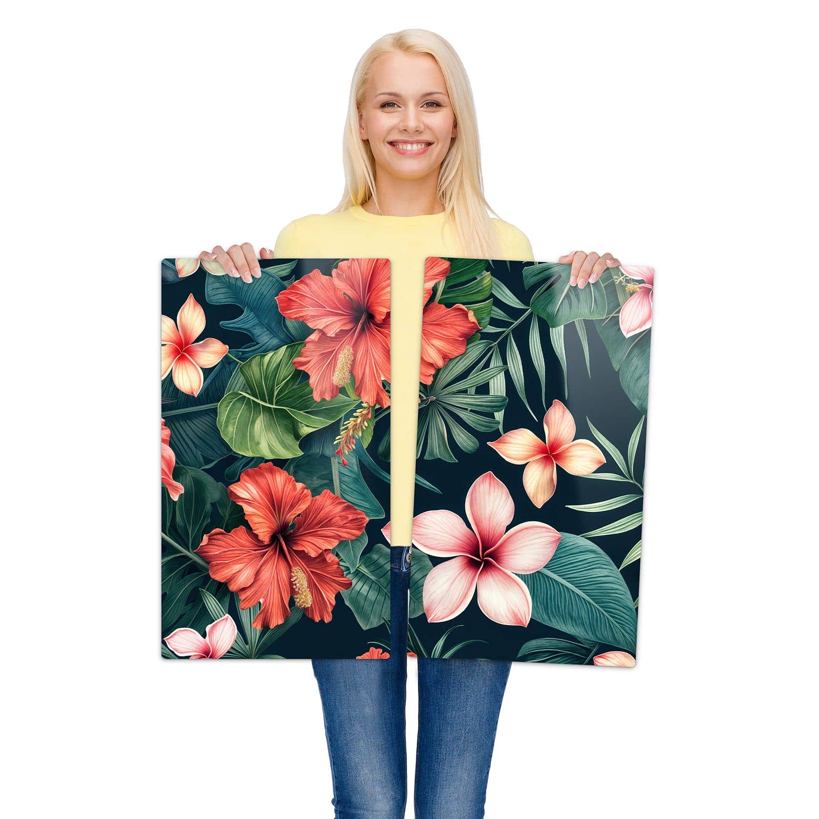 2-teilige Abdeckplatten für Ceranfeld mit Tropenblumen-Motiv wird zur Größendarstellung gehalten