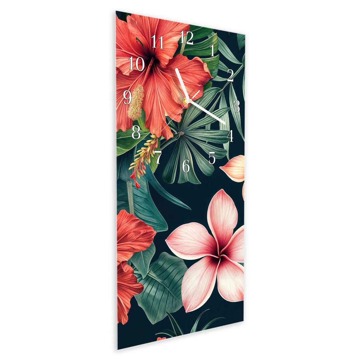 Vormontiert – mit Schwebeeffekt – Wanduhr Tropenblumen aus Glas – Hochformat 30 × 60 cm