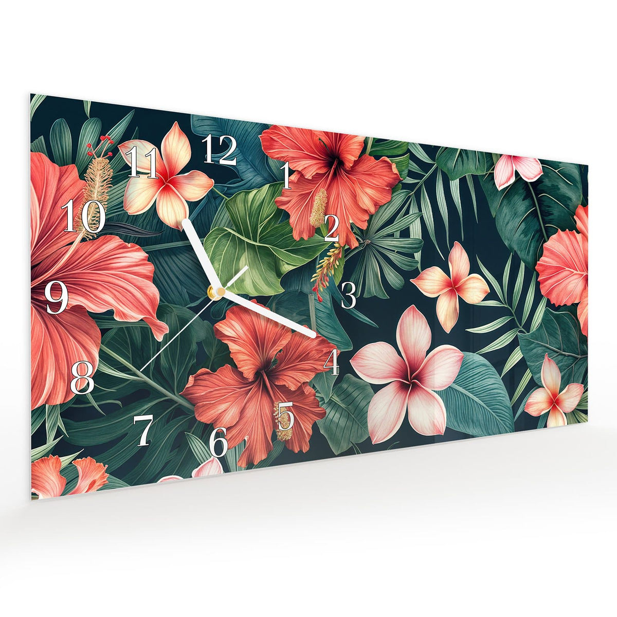 Vormontiert – mit Schwebeeffekt – Wanduhr Tropenblumen aus Glas – Querformat 60 × 30 cm