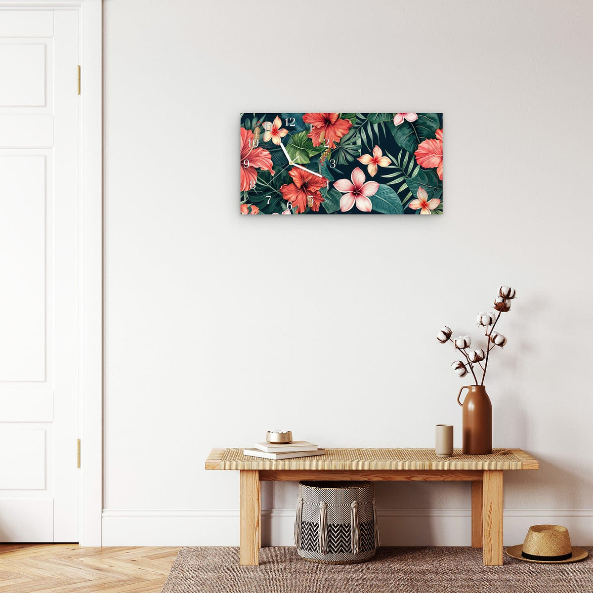 Moderne Wanduhr aus Glas mit Farbtiefe – Wanduhr Tropenblumen aus Glas – Querformat 60 × 30 cm