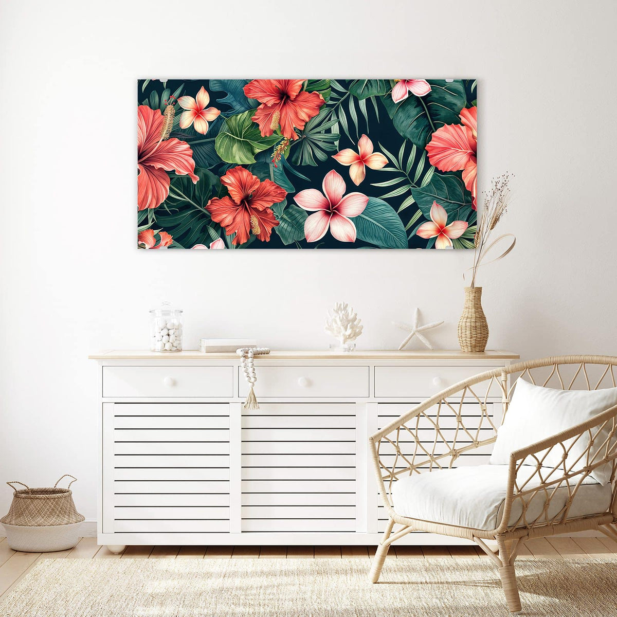 Echtglas, 4 mm – kein Acryl, keine Folie – Wandbild - Hibiskus auf Dunkelgrün - Querformat